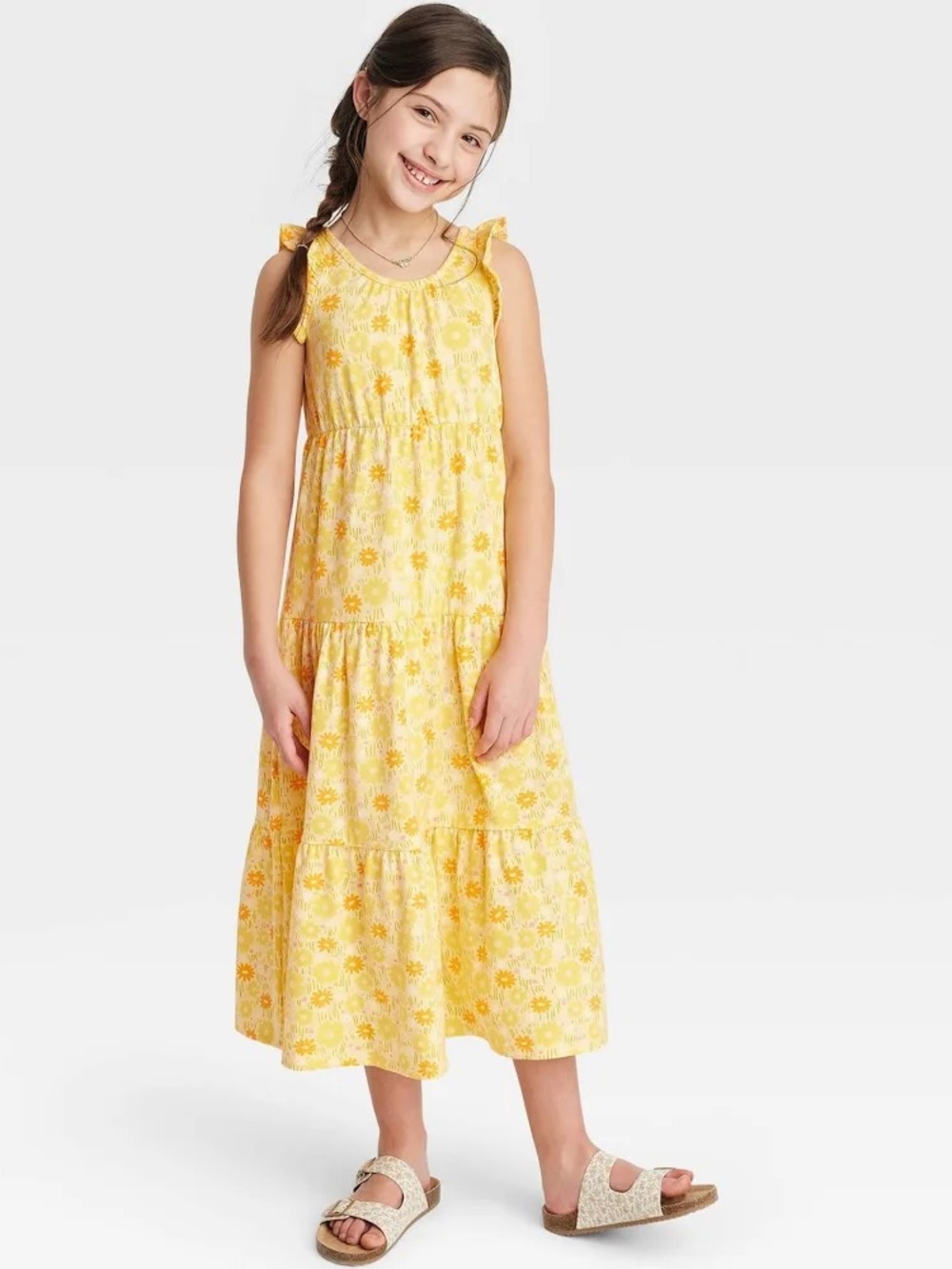 Cat & Jack Yellow Floral Dress with Orange Flowers and Pink Accents